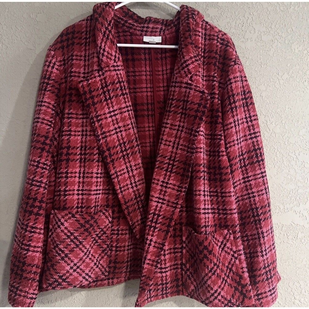 J. Jill Womens Tweed Blazer 2X Red Pink Black Plaid Open Front Academia Romantic